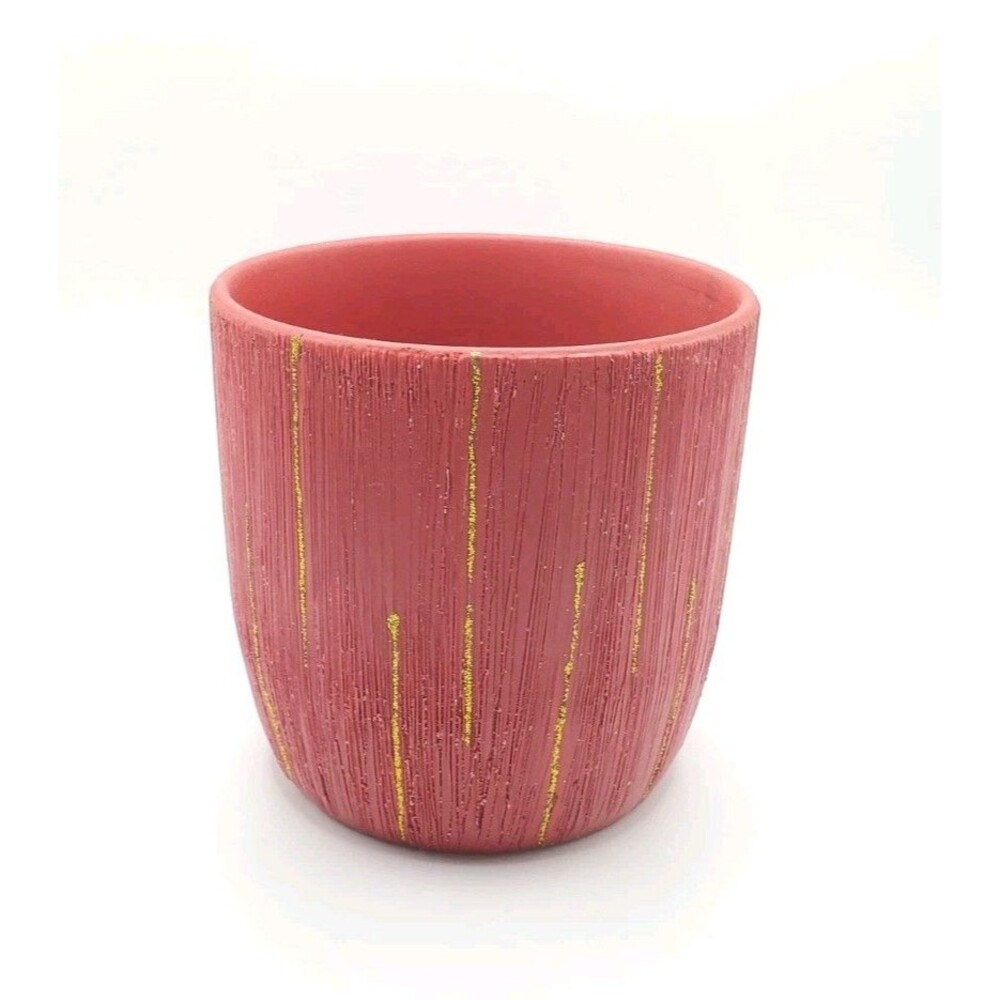 Red Round Flower Plant Pot Ceramic W/ Gold Shimmer Striping Accents 5" x 5"
